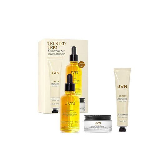 JVN Trusted Trio Essentials Set Travel - Mini Complete Size Air Dry Cream, Full Size Complete Pre-Wash Scalp Treatment Oil, and Travel Mini Complete Instant Recovery Heat Protectant Leave-In Serum