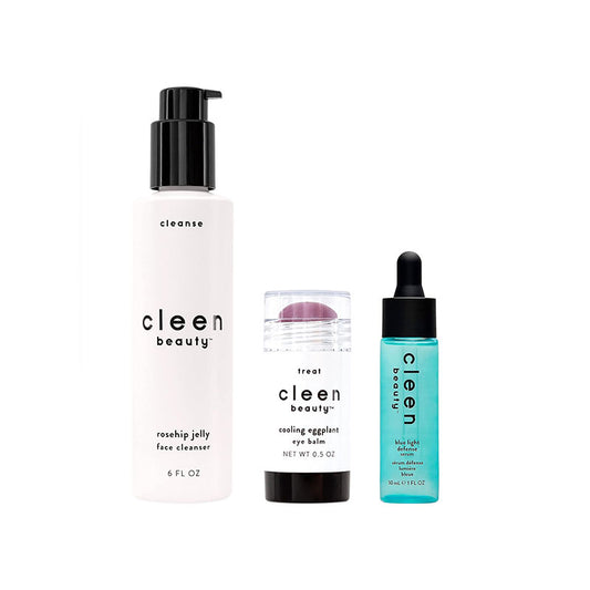 CLEEN BEAUTY Everyday Skincare 3-Piece Set | Rosehip Jelly Face Cleanser, Cooling Eggplant Eye Balm, & Blue Light Defense Serum Set | Paraben Free | Skincare Products for Face